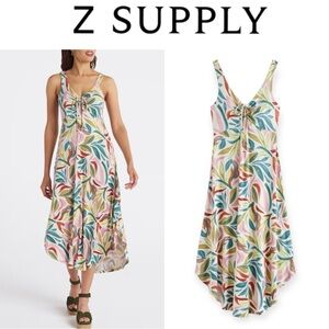 Z SUPPLY JAMIE SAFARI PRINT SLEEVELESS TIE FRONT CURVED HEM MIDI DRESS